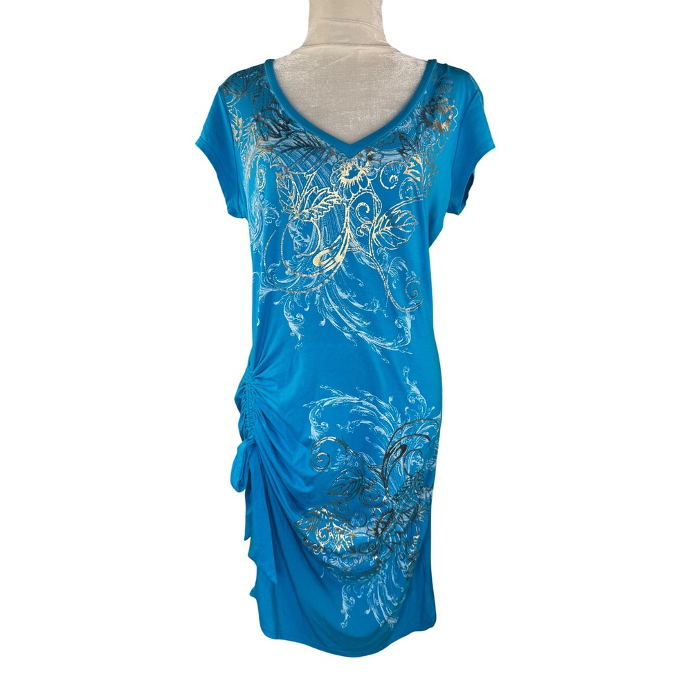Cache Womens Turquoise Blue Gold Metallic Foil Ruched V-Neck Sheath Dress Large